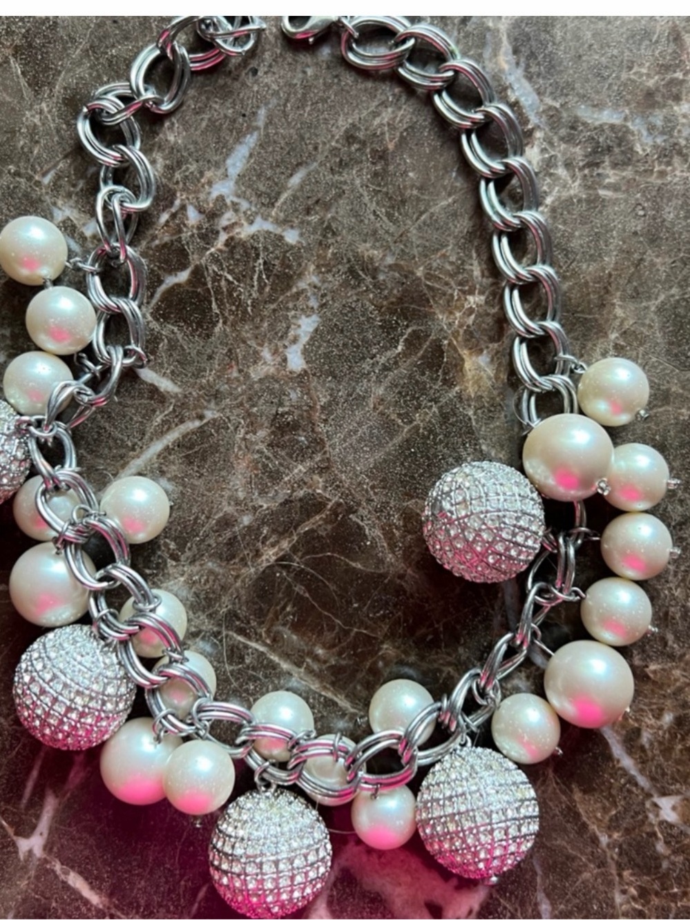 White House Black Market Silver Chain Necklace with White Pearls and Pavé Balls